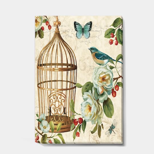 Designart - Blue Cottage Bird, Birdcage and Apple Blossoms I